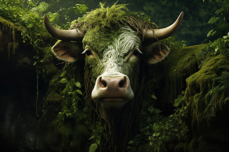Green cow with plants face close up generative aiの素材