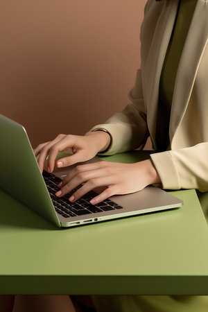 Entrepreneur woman hands typing on green laptop generative aiの素材