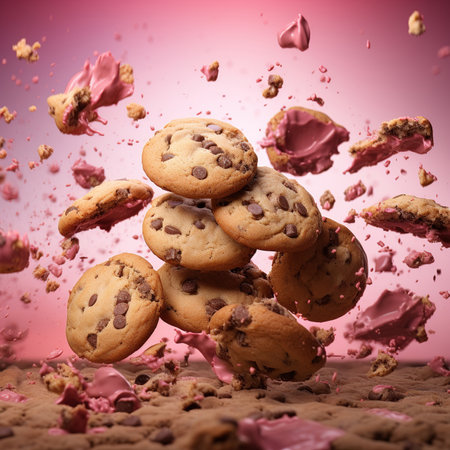 Chocolate chip cookies falling into the air with splashes on pink backgroundの素材