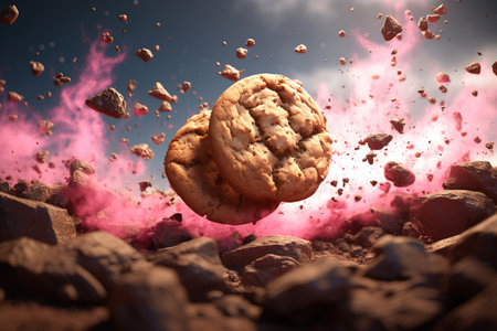 Flying chocolate chip cookies pink clouds generative aiの素材