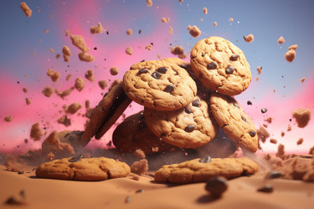 Flying chocolate chip cookies pink clouds generative aiの素材