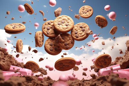 Flying chocolate chip cookies pink clouds generative aiの素材