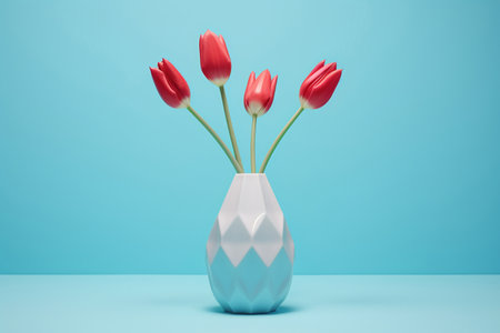 Vase with beautiful red tulips on table against blue background space for text copy generative aiの素材