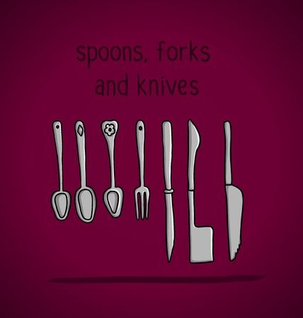 set of spoons, forks and knives for the kitchen on a burgundy backgroundのイラスト素材
