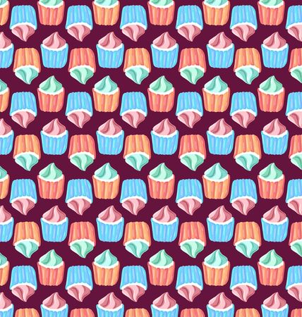 bright color pattern of cupcakes on a red backdropのイラスト素材