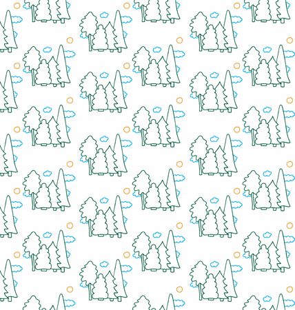 linear pattern of small trees, sun and clouds on a white backgroundのイラスト素材