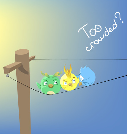 funny cartoon birds thick on the wireのイラスト素材