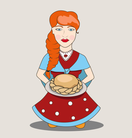 Slavic girl in national dress with cakeのイラスト素材