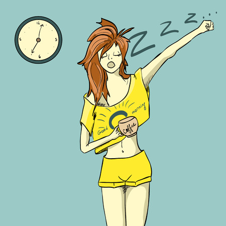 Young woman hipster girl holding coffee cup portrait isolated on blue backgroundのイラスト素材