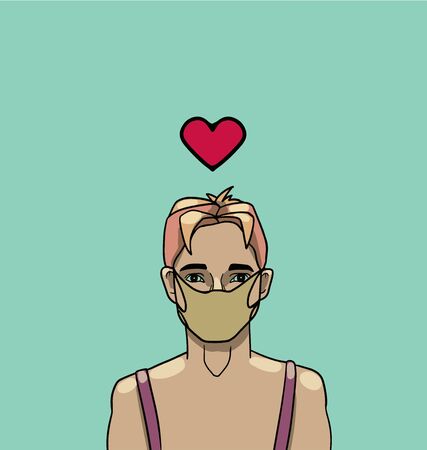 Postcard with a cartoon boy wearing a maskのイラスト素材