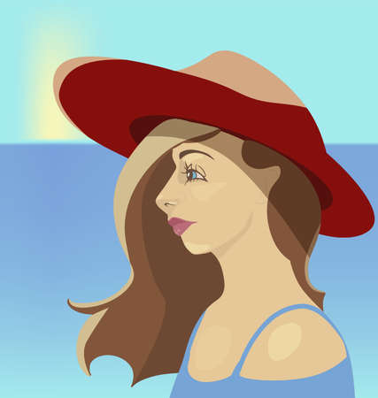 cartoon girl in a hat on sea backgroundのイラスト素材