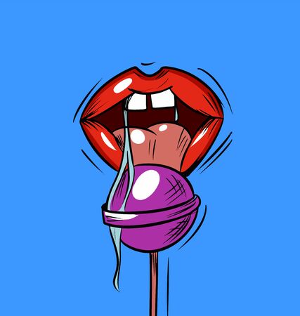 cartoon vector lips and tongue licking lollipopのイラスト素材