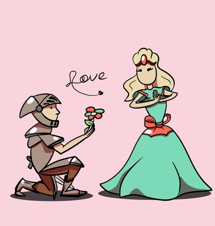vector cartoon knight giving flower to princessのイラスト素材