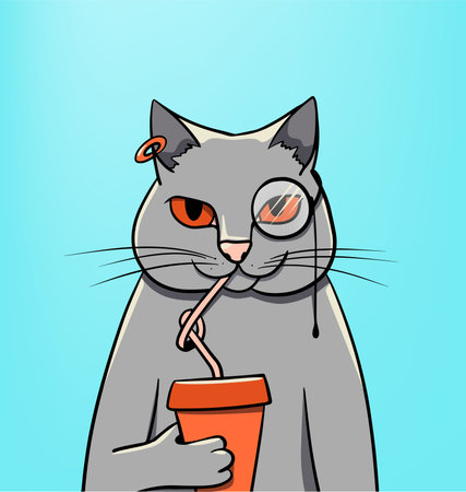Cartoon cat sipping a drink in portrait