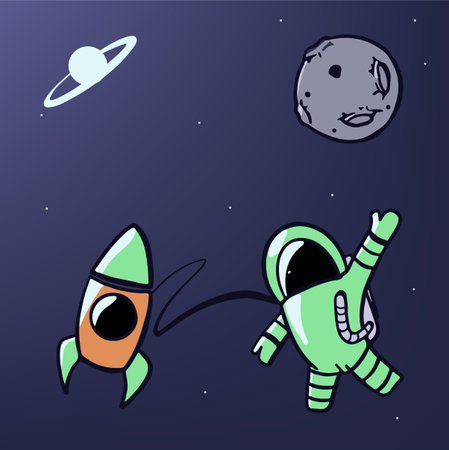 little astronaut waving hello in spaceのイラスト素材