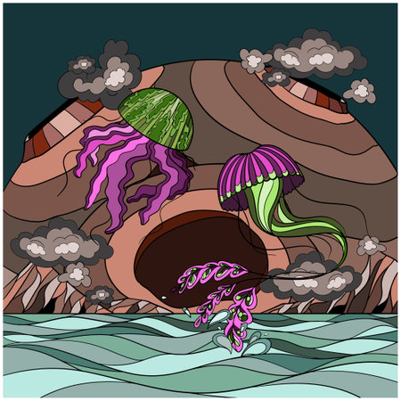 Jellyfish in the sky among the cloudsのイラスト素材