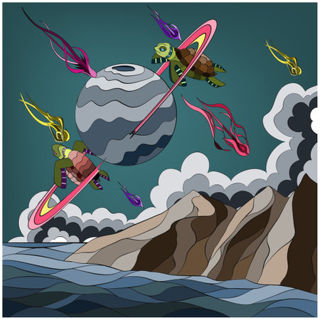 giant turtles flying in the skyのイラスト素材