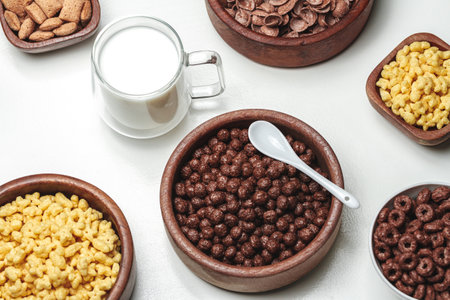 A Bowls with different sorts of breakfast cereal products and glass of milkの写真素材