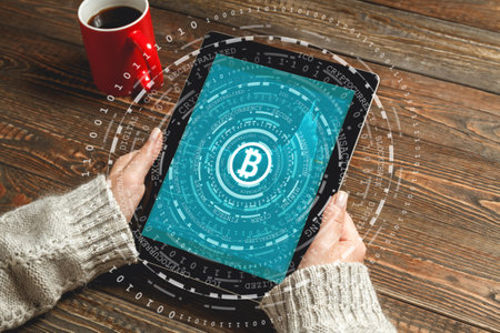 Woman holding a tablet with cryptocurrency graph on virtual screen.の写真素材
