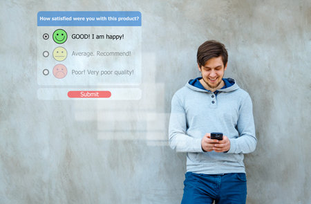 Online customer service satisfaction survey with checkbox on phone. Customer experience concept.