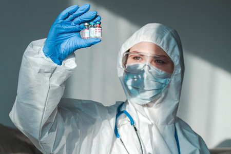 Doctor or nurse in a protective suit holds a covid 19 vaccine from different pharmaceutical...