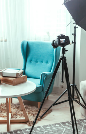 Blogger's workplace, preparing for shooting the video of unpacking gadgets, no peopleの写真素材