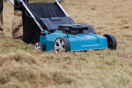 Scarifying lawn with a scarifier, Man gardener scarifies the lawn and removal of old grass