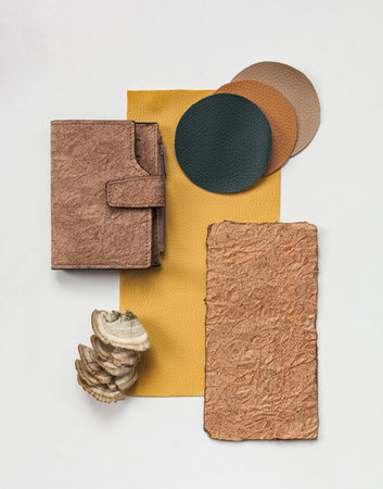 Vegan leather wallet made from mushroom mycelium and vegan bio leather samples top view, eco...