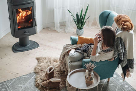 Young woman in a cozy armchair and a plaid sitting by the fireplace with a domestic cat, drinking tea at homeの写真素材