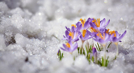 Close up spring crocus flower in the melting snow in the sun