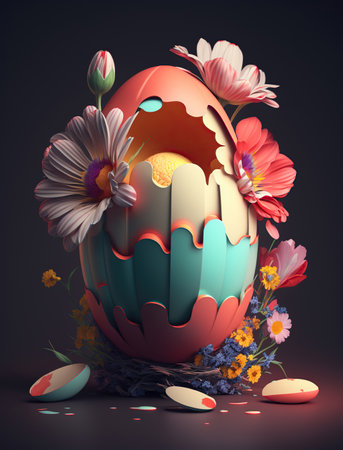 Easter eggs and flowers on purple background, happy easter concept. Generative AI.の素材