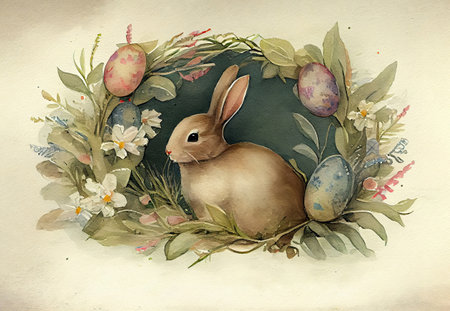 Watercolor easter bunny with easter eggs and spring flowers, Happy Easter greeting card. Generative AI.の素材