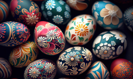 Easter eggs decorated with folk flowers patterns, happy easter concept. Generative AI.の素材