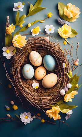 Easter eggs in nest top view with copy space, happy easter concept. Generative AI.の素材