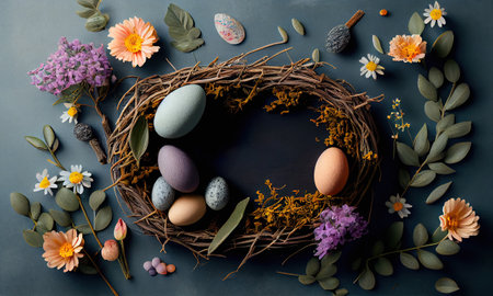 Easter eggs in nest top view with copy space on a black background, happy easter concept. Generative AI.の素材