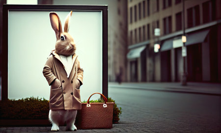 Easter bunny in coat next to blank billboard mockup in city, happy easter concept. Generative AI.の素材