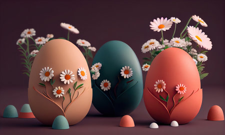 Easter eggs and flowers on purple background, happy easter concept. Generative AI.の素材