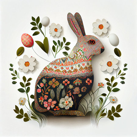 Easter bunny, easter eggs and flowers isolated on white folk background, happy easter concept. Generative AI.の素材