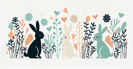 Easter banner, easter bunnies isolated on white background minimalistic style, happy easter concept. Generative AI.の素材