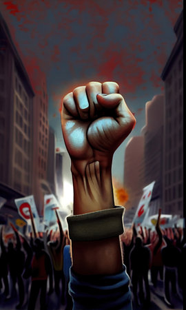 Fist up close-up, hand in a crowd of protesting people at a protest. Generative AI.の素材