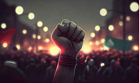 Fist up close-up, hand in a crowd of protesting people at a protest. Generative AI.の素材