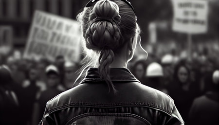 Back view of an unrecognizable woman at a protest in a crowd of protesting activists. Generative AI.の素材