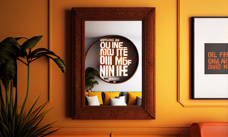 Frame mockup empty blank on yellow wall with houseplants. Generative AI.の素材