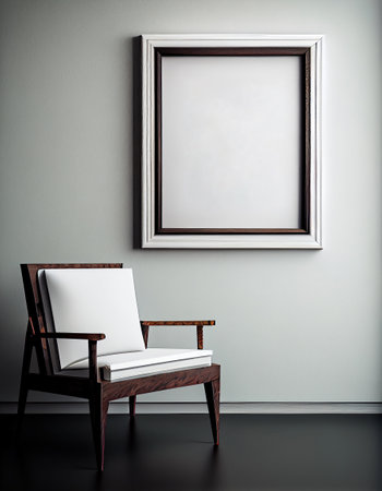 Frame mockup empty blank on white wall and vintage retro chair. Generative AI.の素材