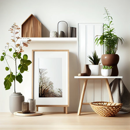 Frame mockup empty blank on wall, table and houseplants on scandinavian interior. Generative AI.の素材