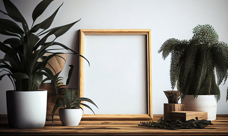 Frame mockup empty blank on wooden table and houseplants on scandinavian interior. Generative AI.の素材