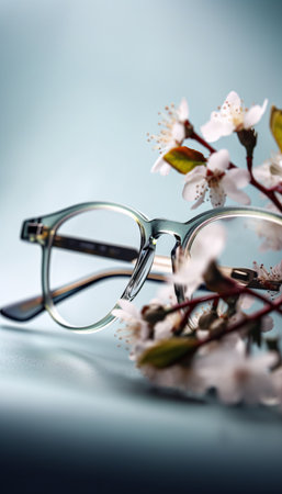 Translucent eyeglass frames and flowers on a blue background. Generative AI.の素材