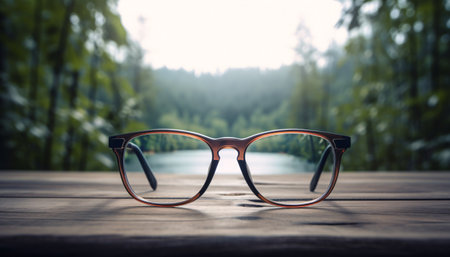 Eyeglass frames on a wooden table against a blurred landscape. Generative AI.の素材