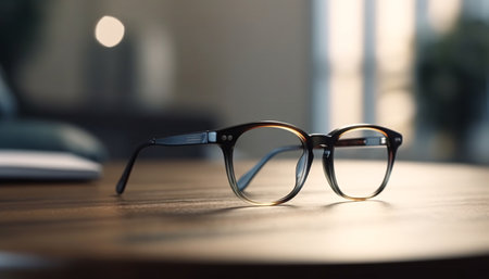 Frame of glasses of rounded shape on the table on a blurred background. Generative AI.の素材