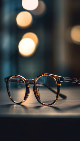 Frame glasses animal print leopard or tiger on the table on a blurred background. Generative AI.の素材